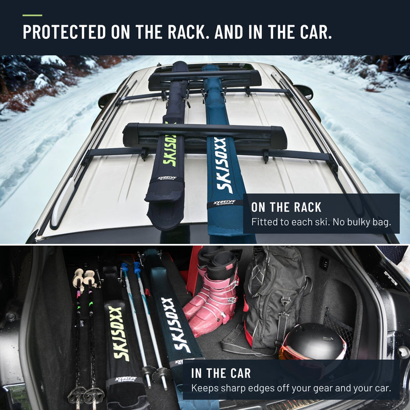 SkiSoxx ski covers, Gunboat Gray/Lime, a pair on alpine skis, front view on white