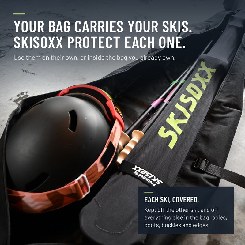 SkiSoxx ski covers, Gunboat Gray/Lime, a pair on alpine skis, front view on white