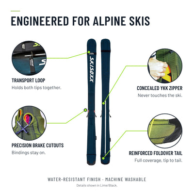 SkiSoxx ski covers, Dark Blue/White, a pair on alpine skis, front view on white
