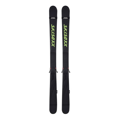 SkiSoxx ski covers, Gunboat Gray/Lime, a pair on alpine skis, front view on white