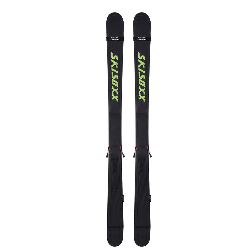 SkiSoxx ski covers, Gunboat Gray/Lime, a pair on alpine skis, front view on white