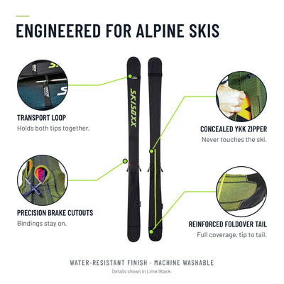 SkiSoxx ski covers, Gunboat Gray/Lime, a pair on alpine skis, front view on white