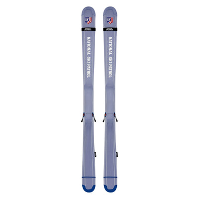 SkiSoxx ski covers, National Ski Patrol edition, a pair on alpine skis, front view on white