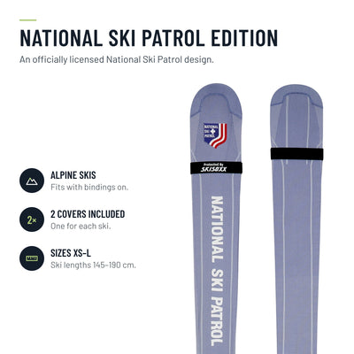 SkiSoxx ski covers, National Ski Patrol edition, a pair on alpine skis, front view on white