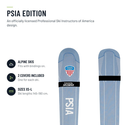 SkiSoxx ski covers, PSIA edition, a pair on alpine skis, front view on white