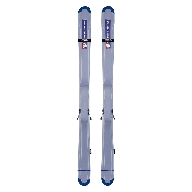SkiSoxx ski covers, World Pro Ski Tour edition, a pair on alpine skis, front view on white