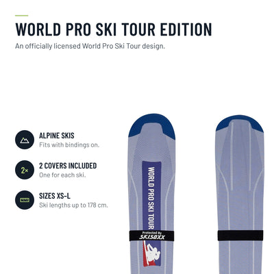 SkiSoxx ski covers, World Pro Ski Tour edition, a pair on alpine skis, front view on white