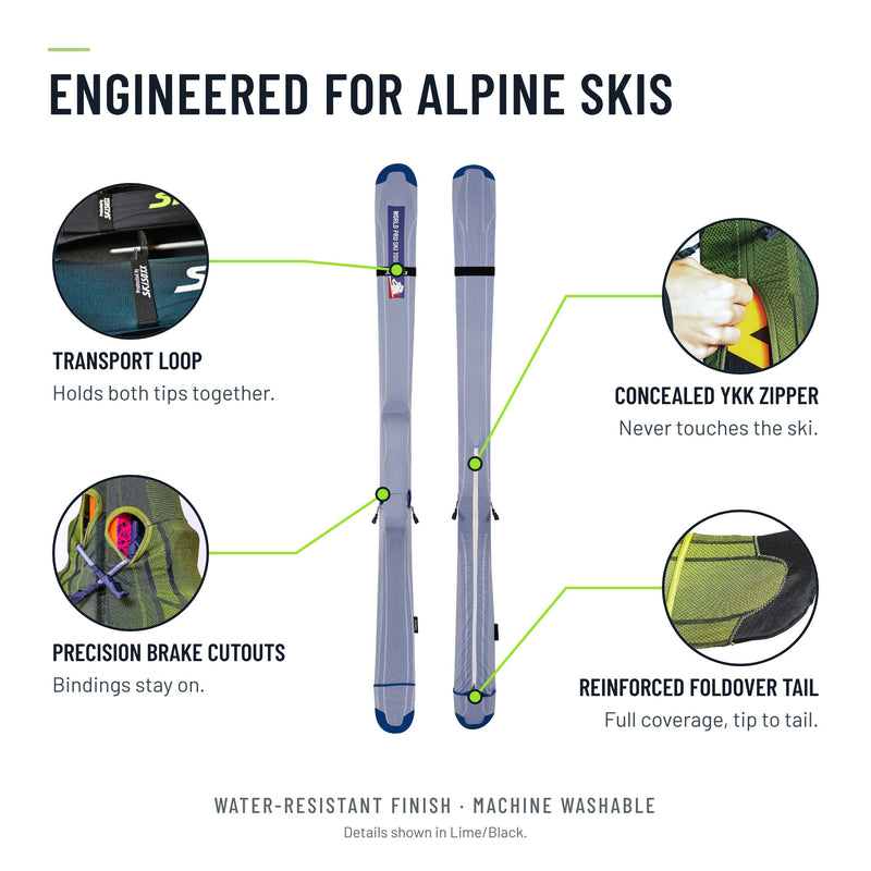 SkiSoxx ski covers, World Pro Ski Tour edition, a pair on alpine skis, front view on white