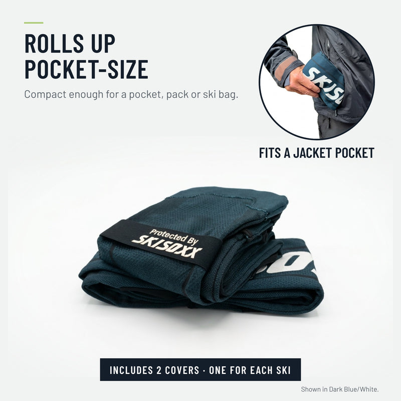 SkiSoxx ski covers, World Pro Ski Tour edition, a pair on alpine skis, front view on white